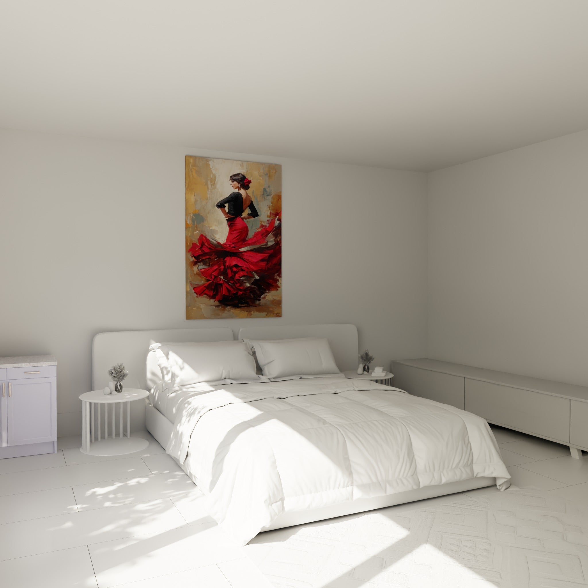 Silhouette en robe rouge virevoltante et corsage noir accrochée au-dessus d'un lit dans une chambre claire