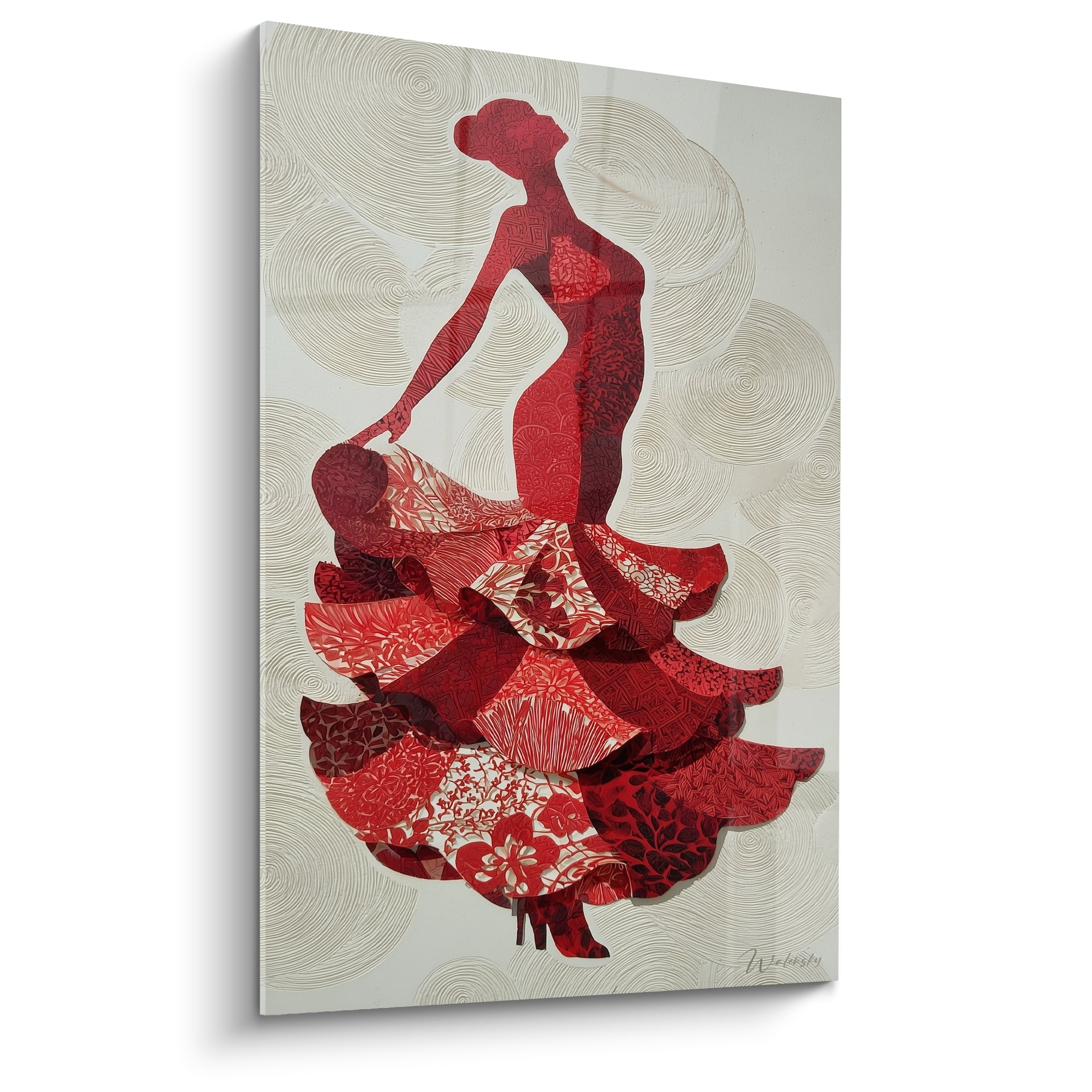 Danseuse flamenco rouge et ivoire aux volants fleuris, silhouette en pleine posture cambrée
