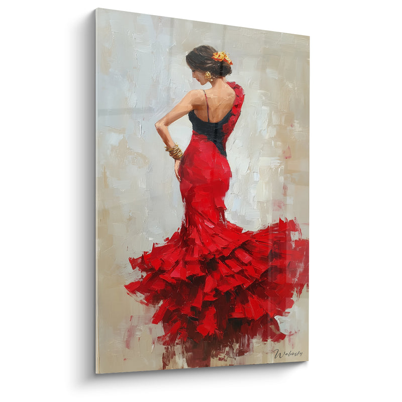 Tableau Danseuse robe rouge et noire bracelets dorés empilés - Fleurs orangées dans les cheveux - Edition Danse espagnole