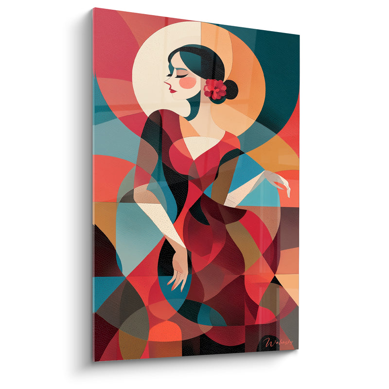 Tableau Danseuse robe rouge et bleu géométrique fleur écarlate - Cercles concentriques colorés - Edition Danse espagnole