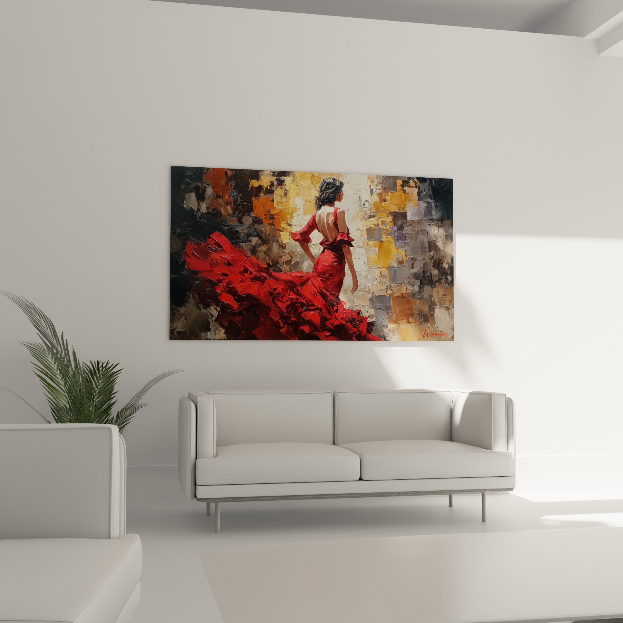 Silhouette cambrée en rouge et gris ardoise d'une danseuse au-dessus d'un canapé dans un salon lumineux
