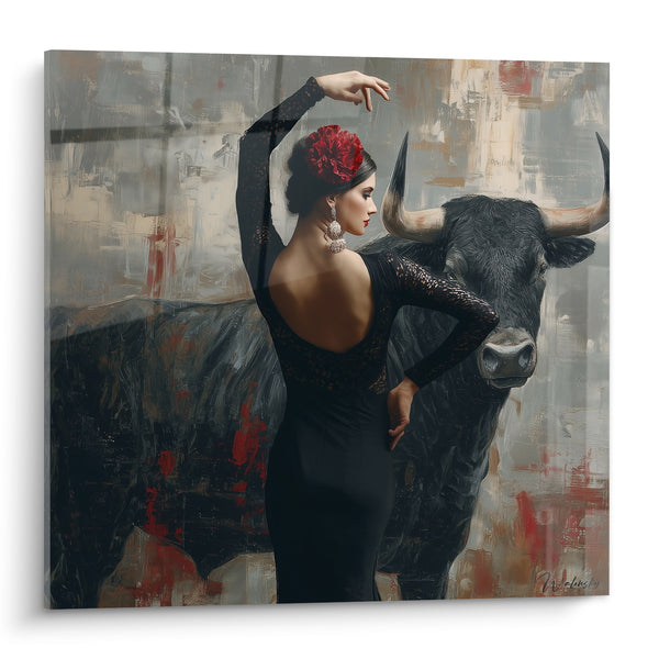 Painting Ballerina Black Dress and Bull - Tense Face-off - Spanish Dance Edition