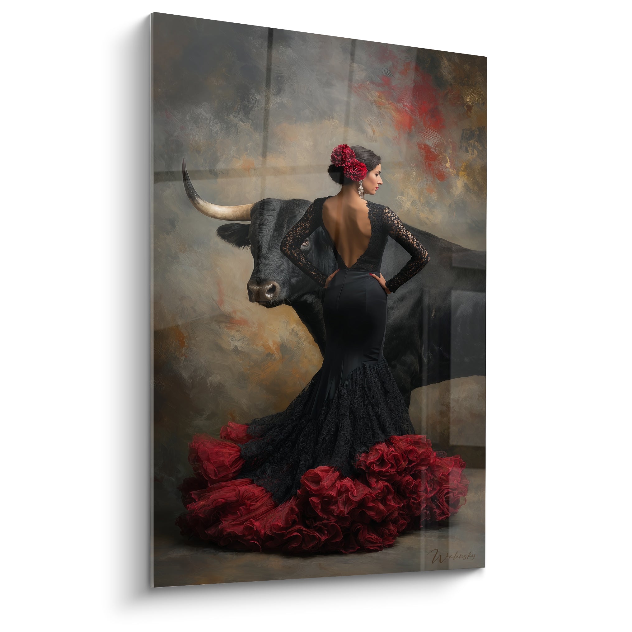 Danseuse flamenco robe noire et rouge face à un taureau noir sur fond ocre texturé