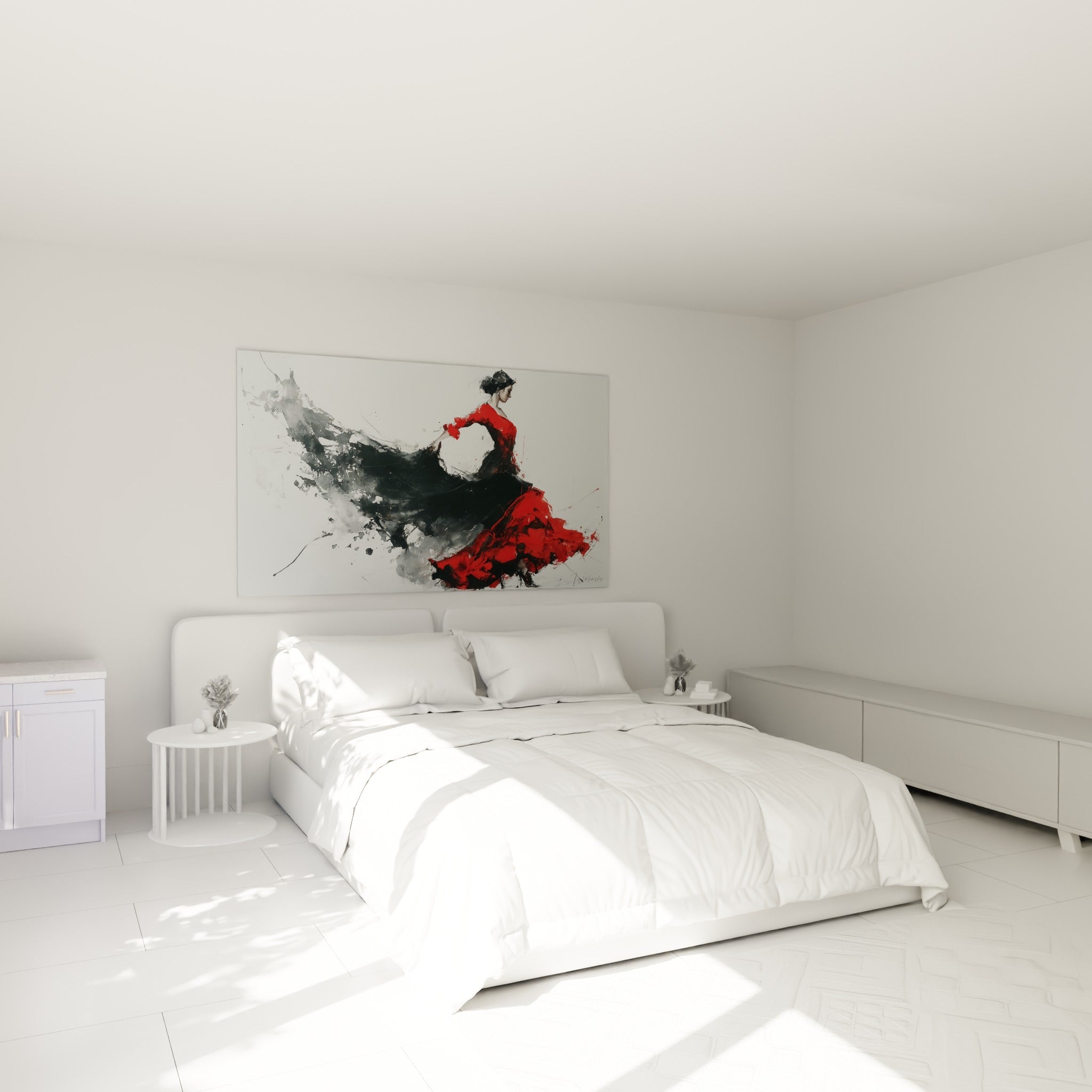 Silhouette de danseuse espagnole en rouge et noir tournoyant, accrochée au-dessus d'un lit dans une chambre claire