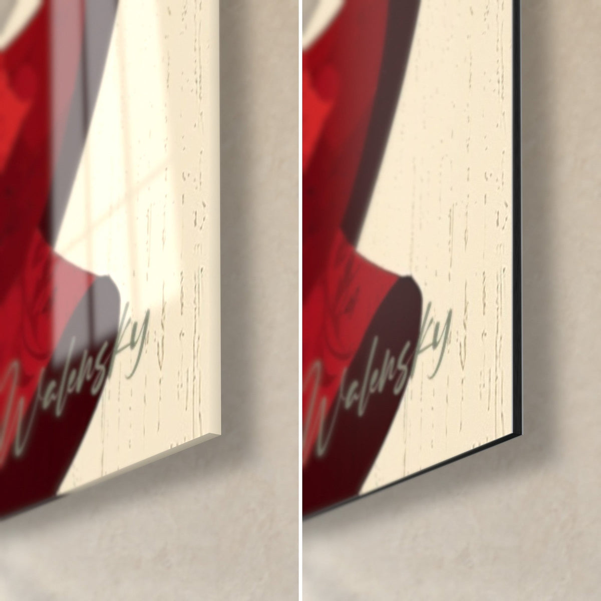 Tableau silhouette flamenca, rouge profond et crème, signature Walensky; coin bas droit en verre brillant et alu Dibond mat