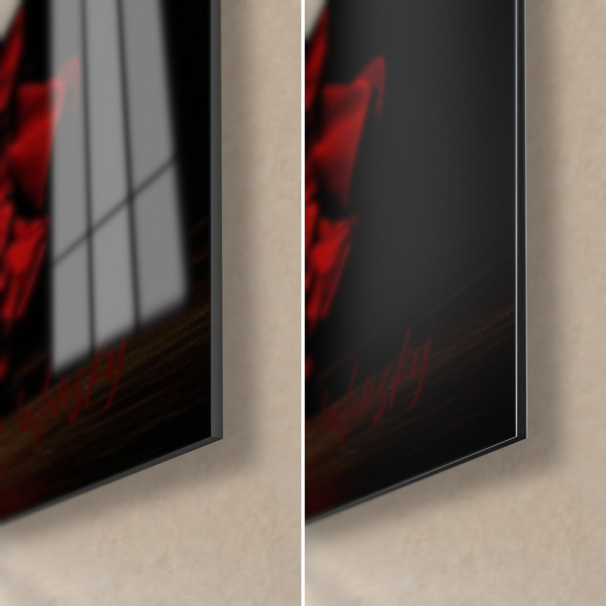Quadro danzatrice di flamenco in rosso e nero, angolo in basso a destra: vetro acrilico lucido a sinistra, Dibond opaco a destra