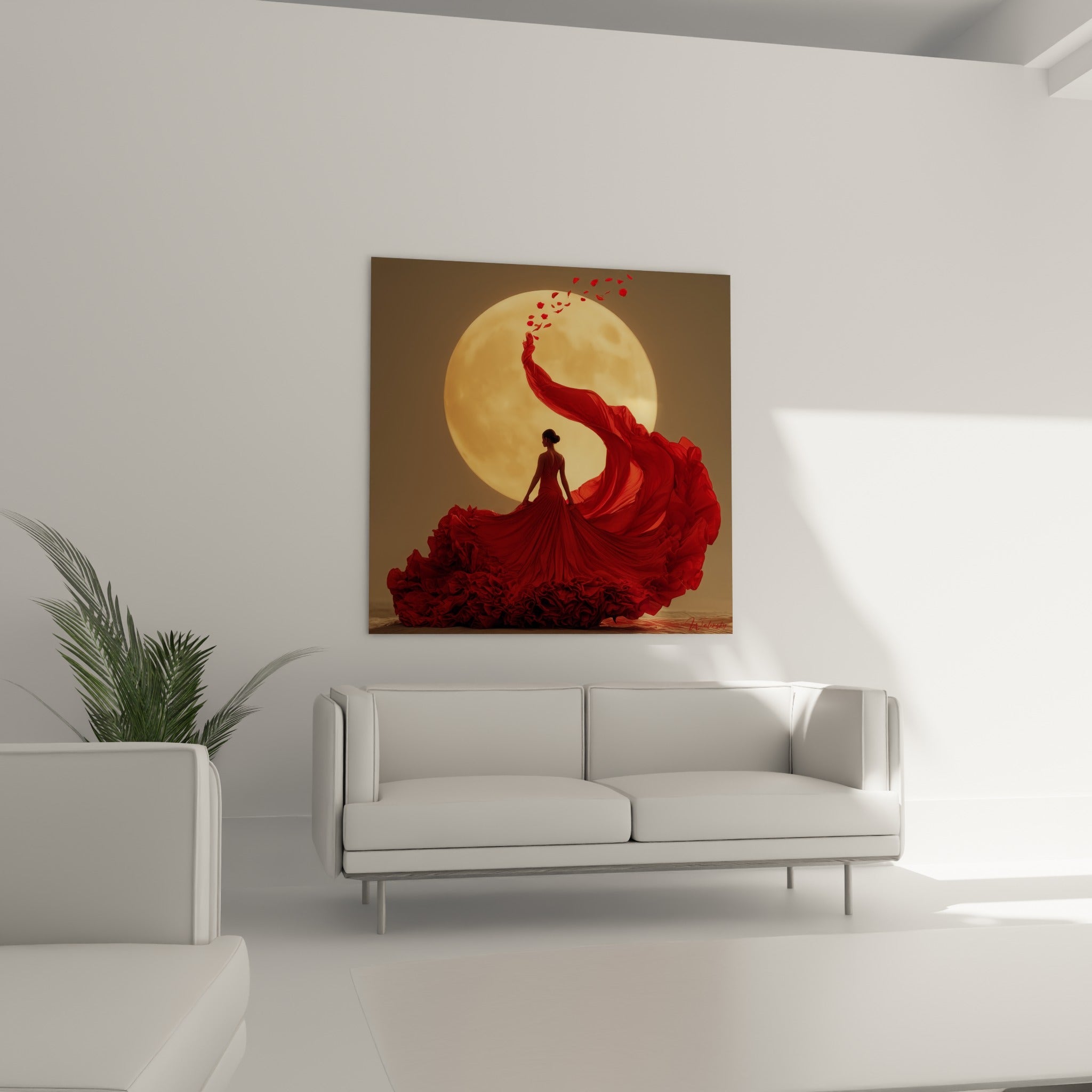 Robe écarlate de Danse espagnole en mouvement devant la lune, accrochée au-dessus d'un canapé dans un salon lumineux