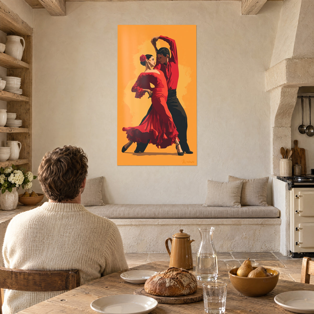 Wall art flamenco duo, dancer in black trousers and a swirling red dress, amber background, a man seen from behind at the table, stone kitchen