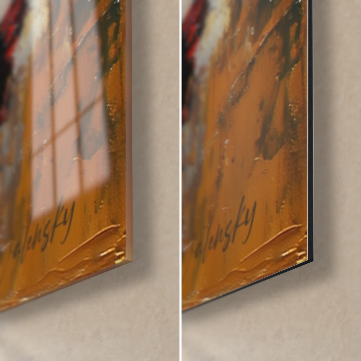 Wall art dancer in a scarlet dress, bottom right corner: glossy glass with reflections on the left, matte ochre Dibond on the right
