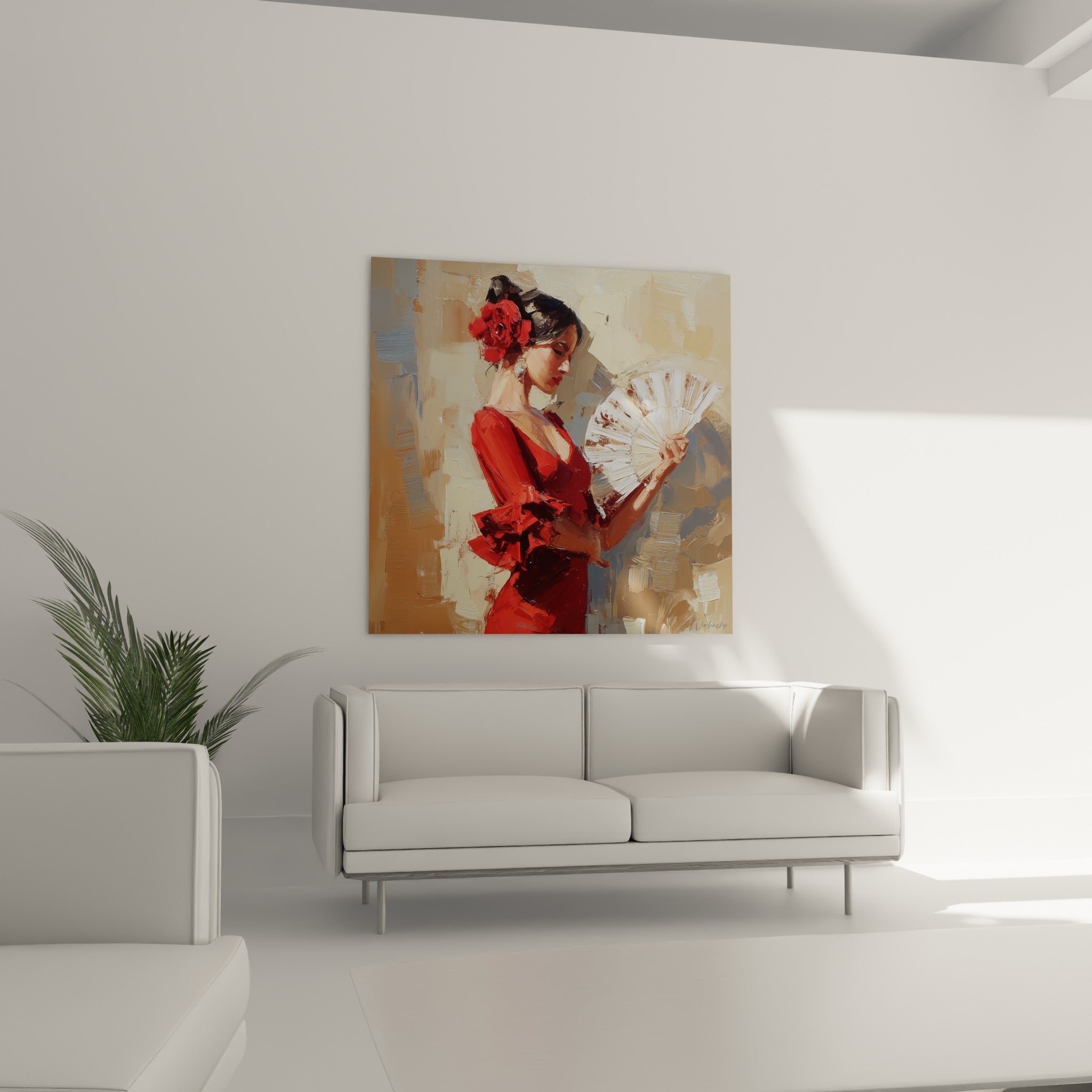 Éventail blanc et robe rouge de la danseuse espagnole positionnés au-dessus d'un canapé dans un salon lumineux