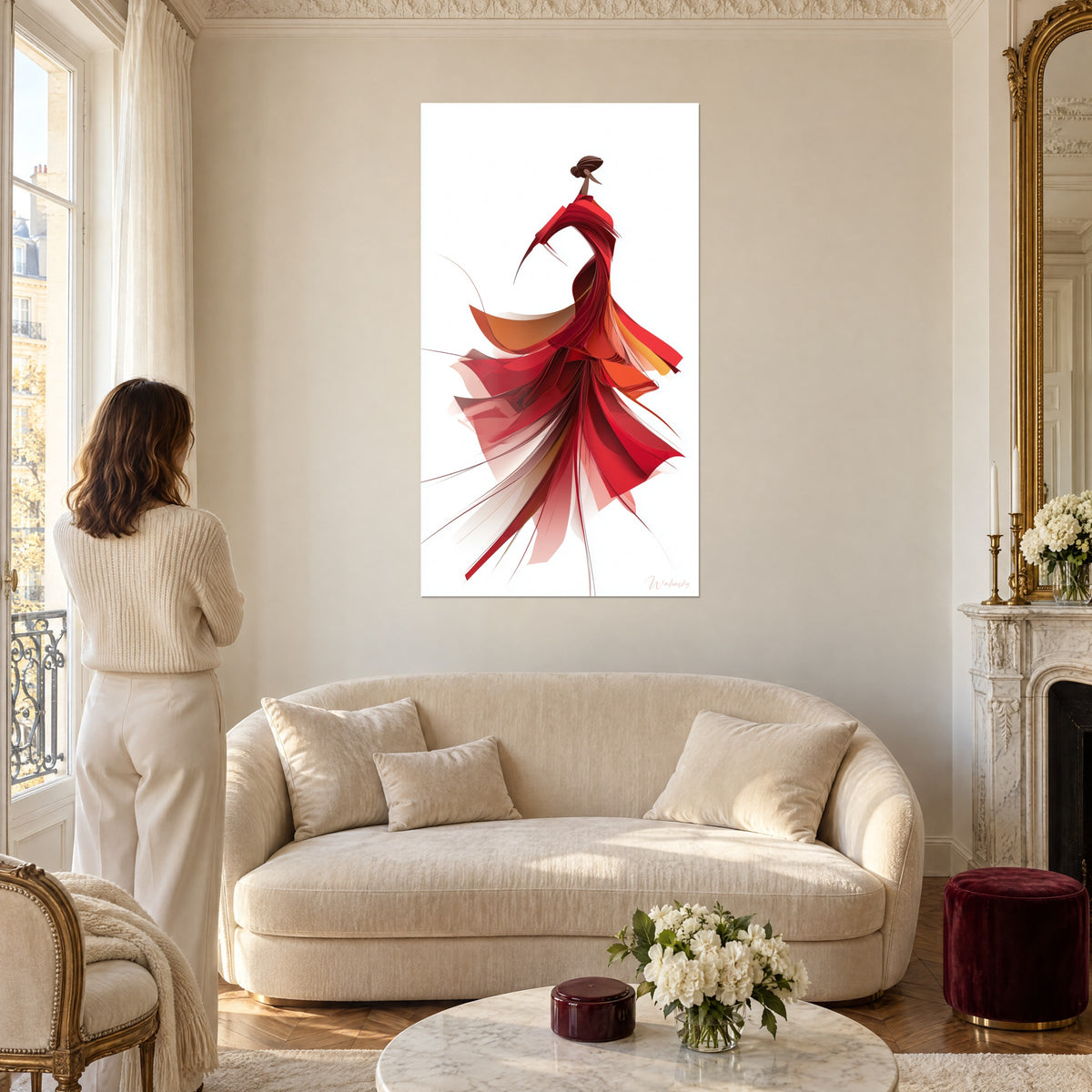 Quadro di una ballerina spagnola in abito rosso con volant arancioni, sfondo bianco, sopra un divano in un soggiorno luminoso