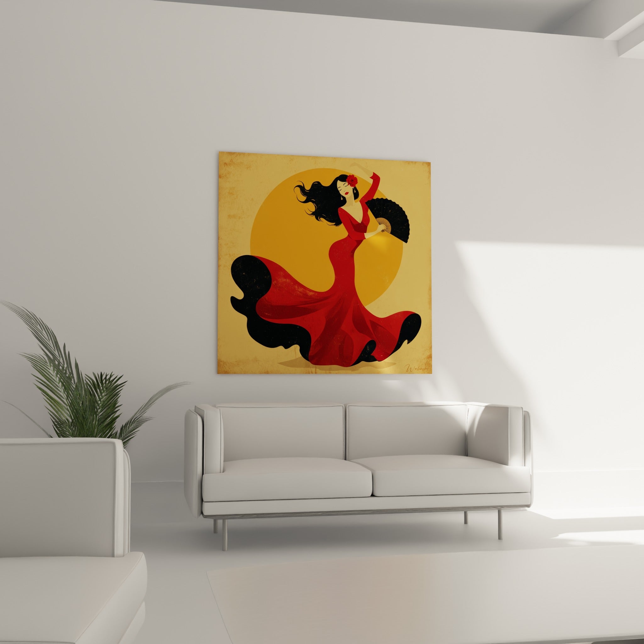 Éventail noir déployé et chevelure sombre d'une danseuse en robe rouge vif, au-dessus d'un canapé dans un salon lumineux