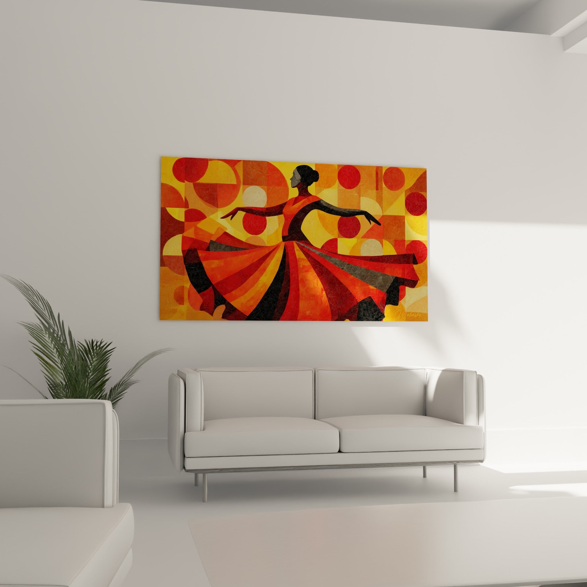 Jupe rouge en éventail et fond mosaïque ocre, tableau danse espagnole au-dessus d'un canapé dans un salon lumineux