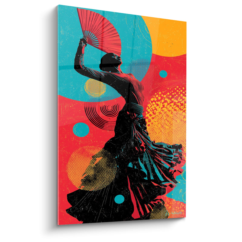 Tableau Danseuse noire éventail rouge fond turquoise pop - Cercles concentriques et pois dorés - Edition Danse espagnole