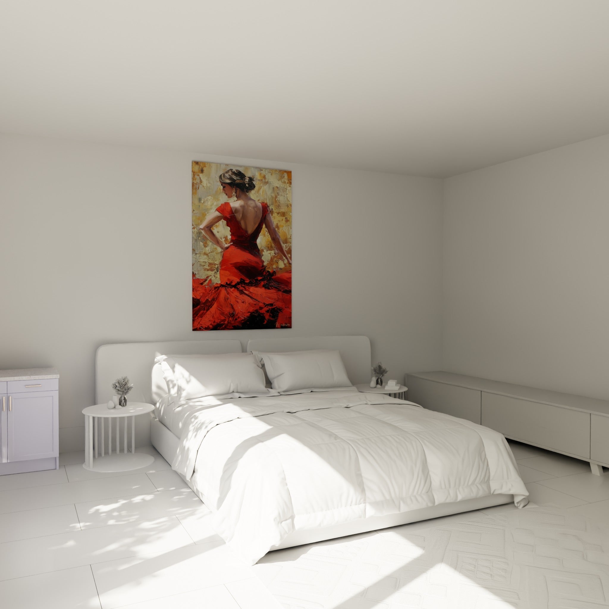 Flamenco au dos nu et robe rouge vif accroché au-dessus d'un lit dans une chambre claire