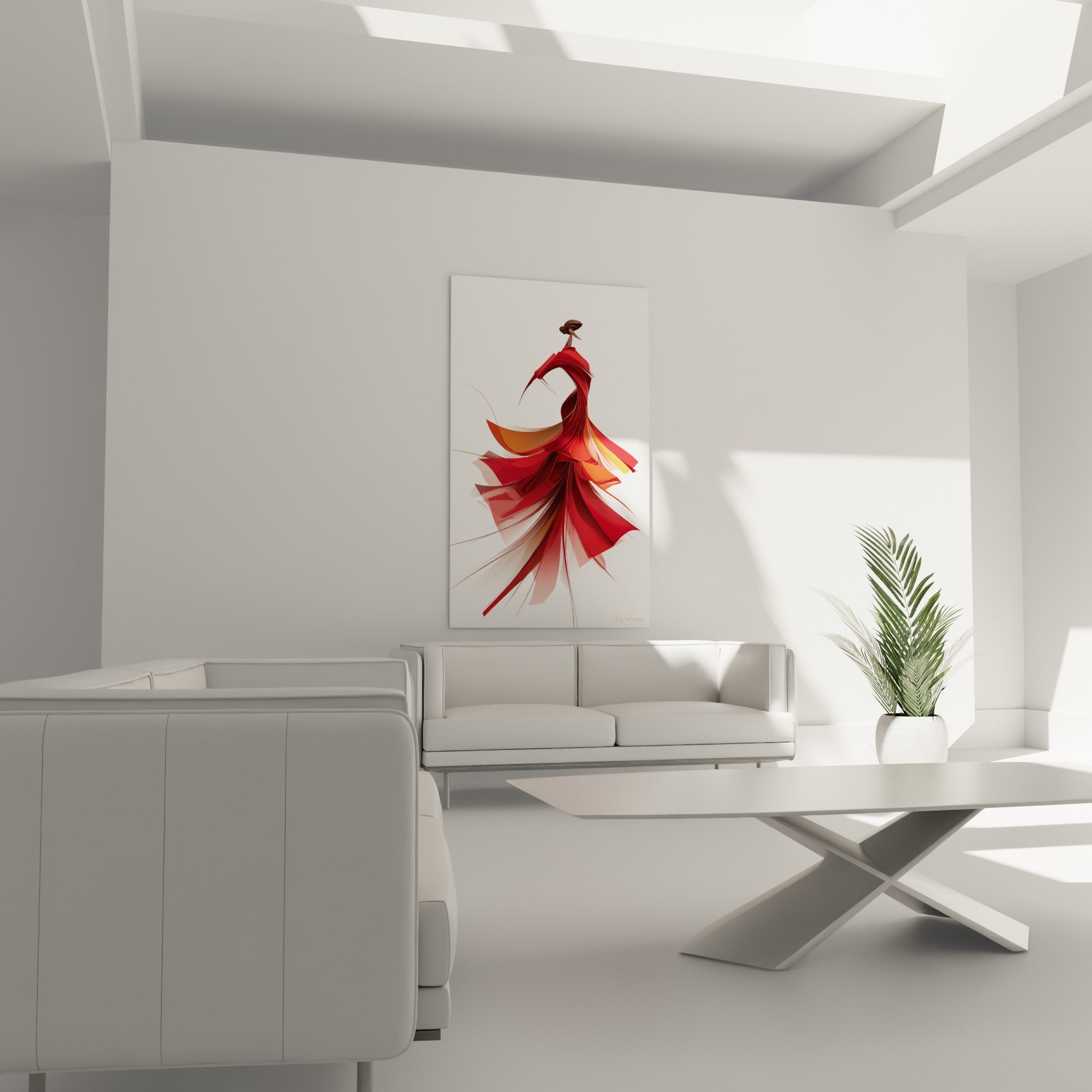Silhouette tourbillonnante aux tons rouge et doré de la Danse espagnole au-dessus d'un canapé dans un salon lumineux