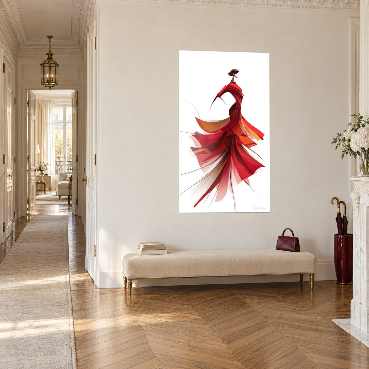 Quadro di una silhouette danzante in vermiglio e rame con fili sottili, vista di tre quarti in un corridoio in stile haussmanniano