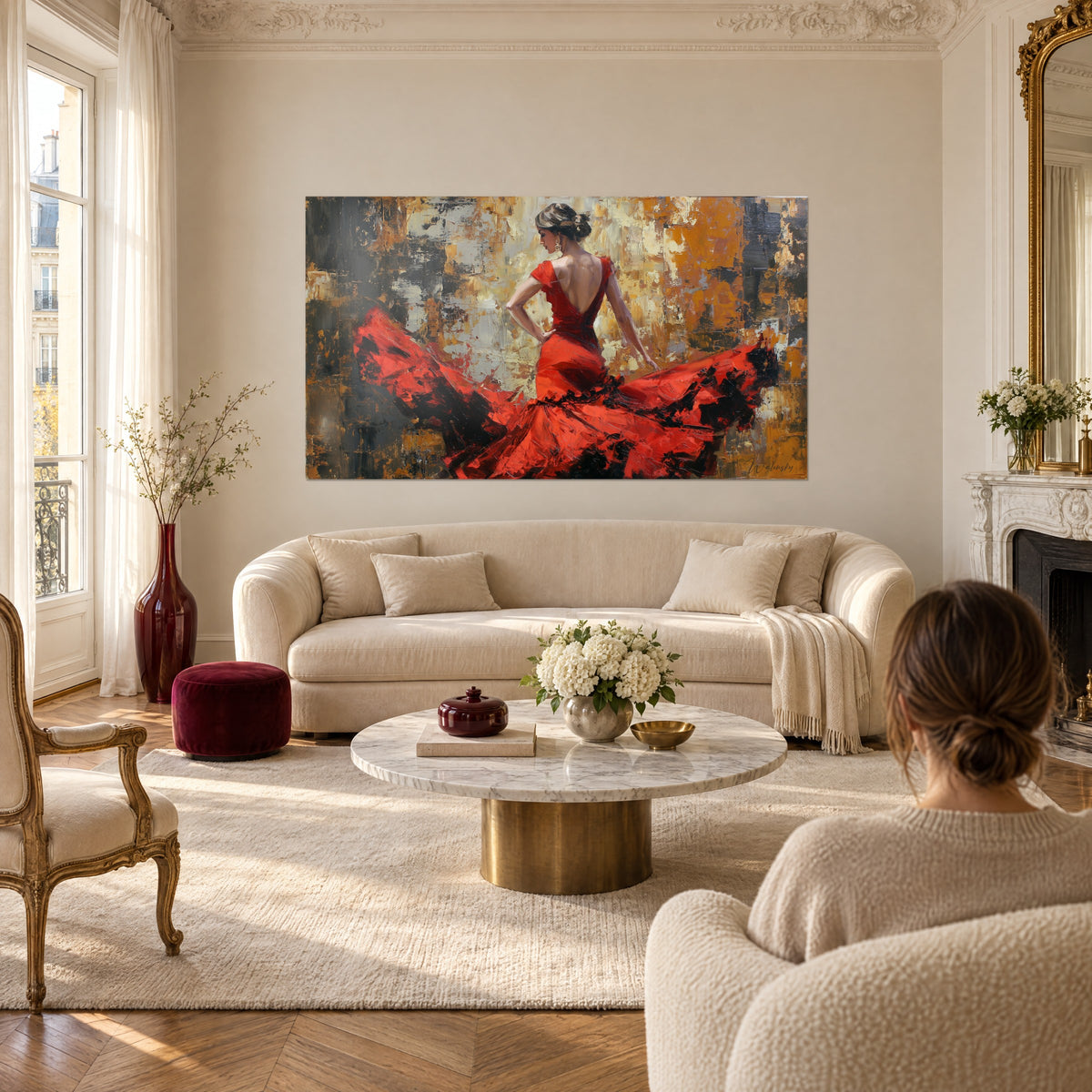 Wall art flamenco dancer seen from behind in a bright red and black dress, ochre and grey background, above a sofa in a bright living room