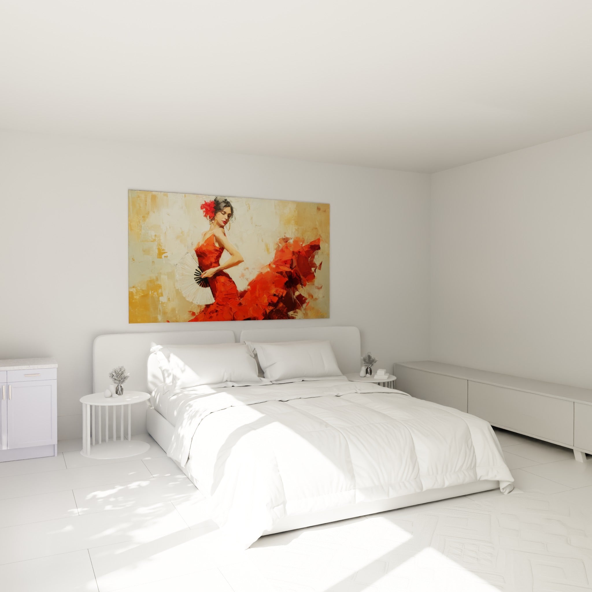 Flamenca en mouvement, tons rouge et doré, accrochée au-dessus d'un lit dans une chambre claire