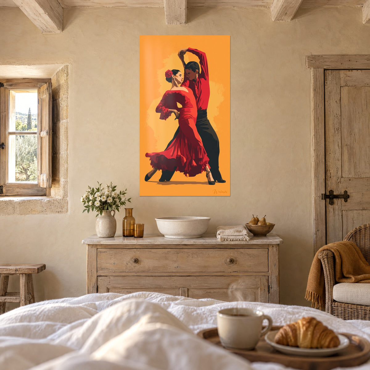 Wall art passionate flamenco, red flower in the loose bun, carmine ruffles on a saffron orange background, above a bed in a bright bedroom