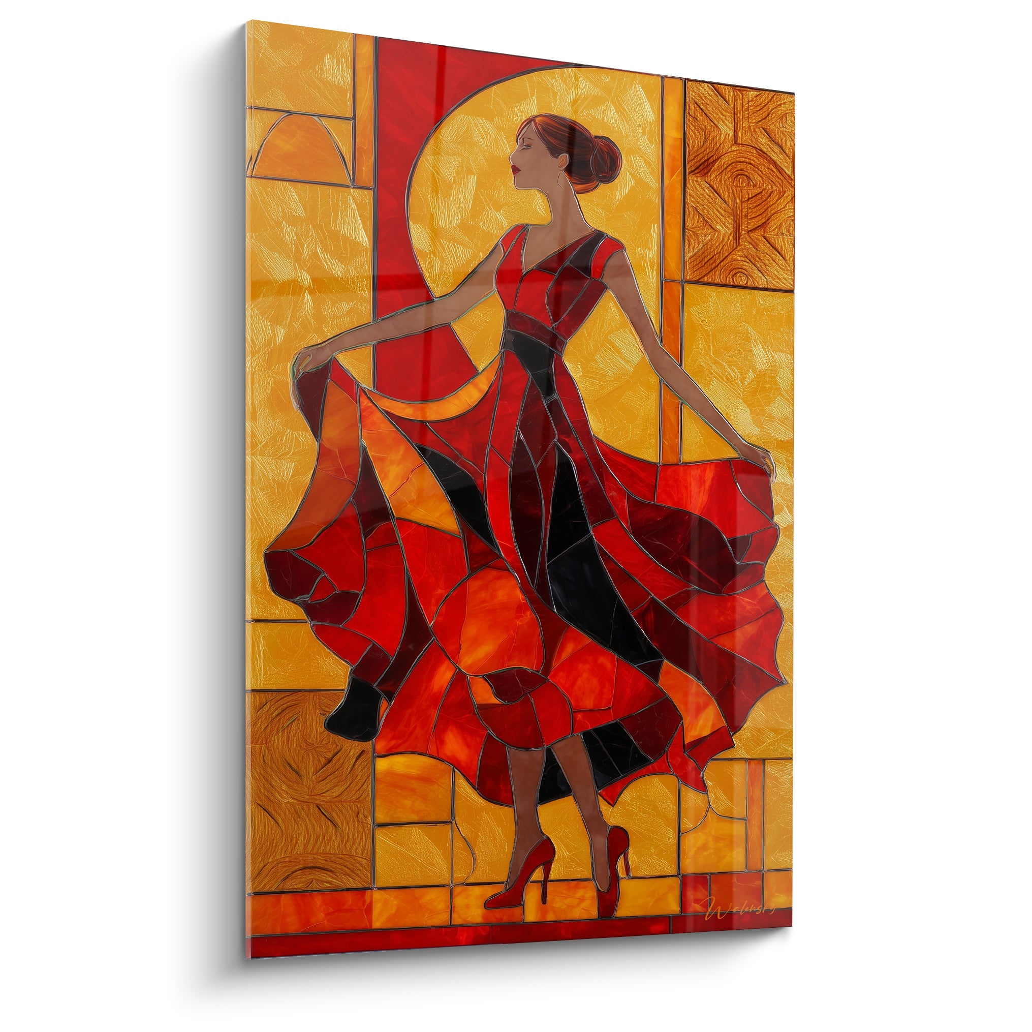 Danseuse de flamenco en robe rouge et noire, fond doré façon vitrail, geste ample capté