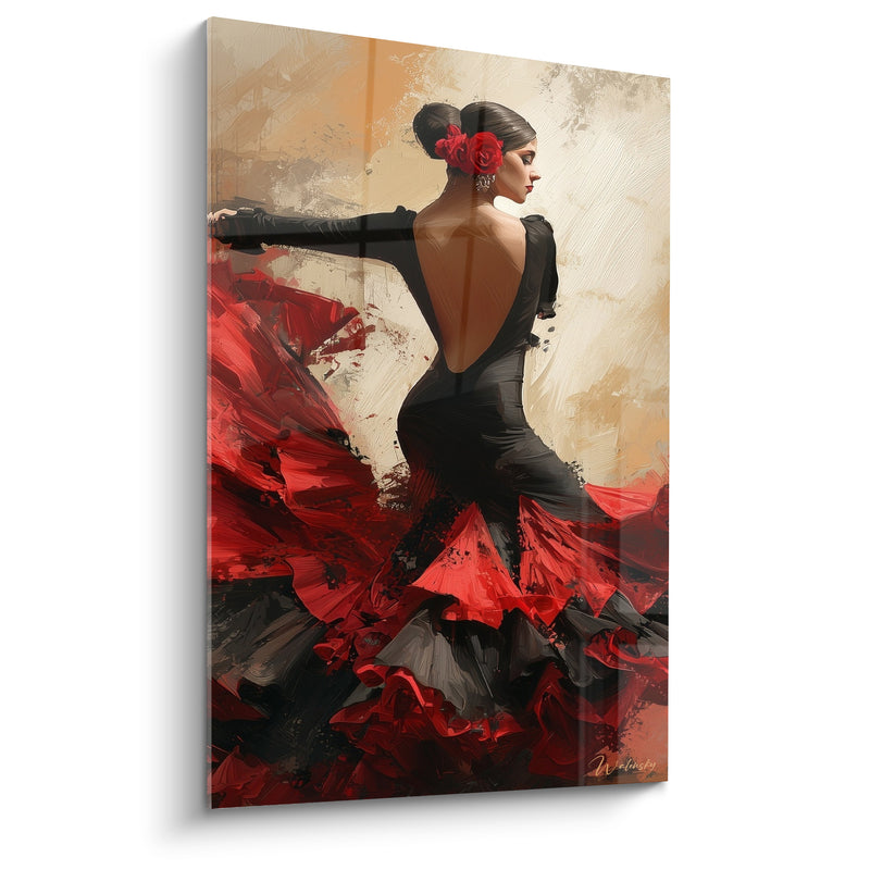 Tableau Danseuse robe noire dos nu double rose écarlate - Bras tendu figé - Edition Danse espagnole