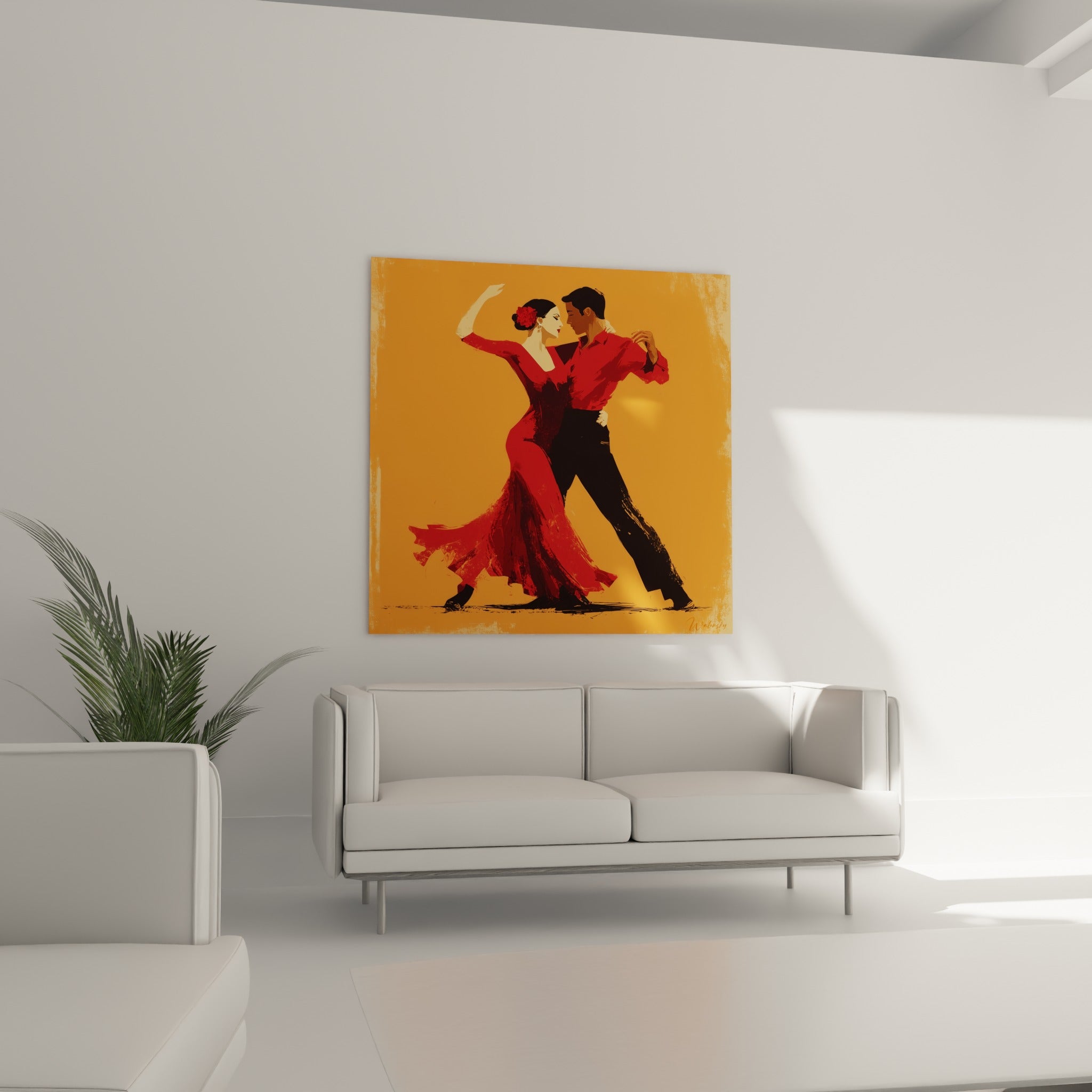 Danse espagnole passionnée aux teintes rouge et orange au-dessus d'un canapé dans un salon lumineux