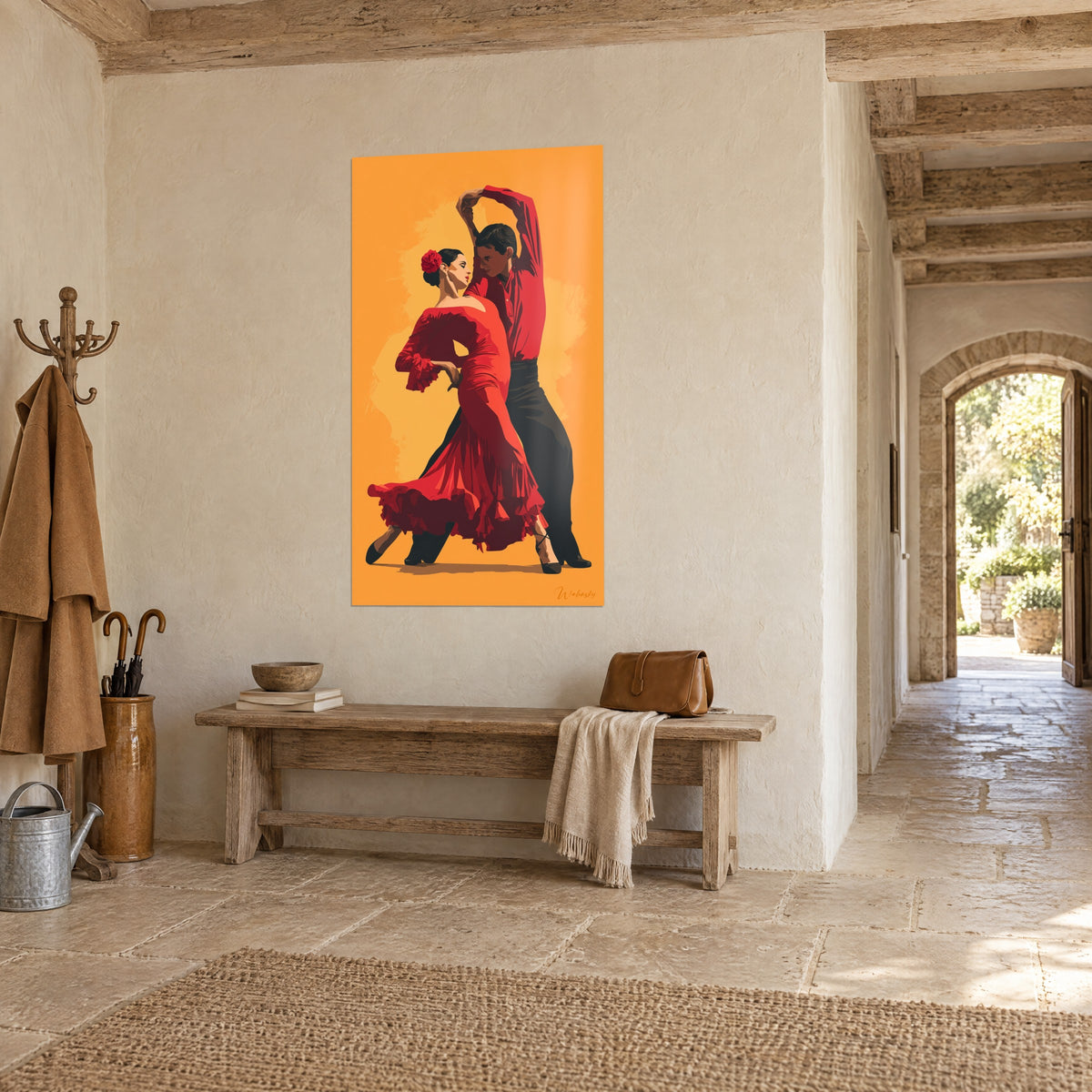 Wall art dancer in a scarlet dress and partner in a red shirt, raised arm, orange background, three-quarter view, stone corridor