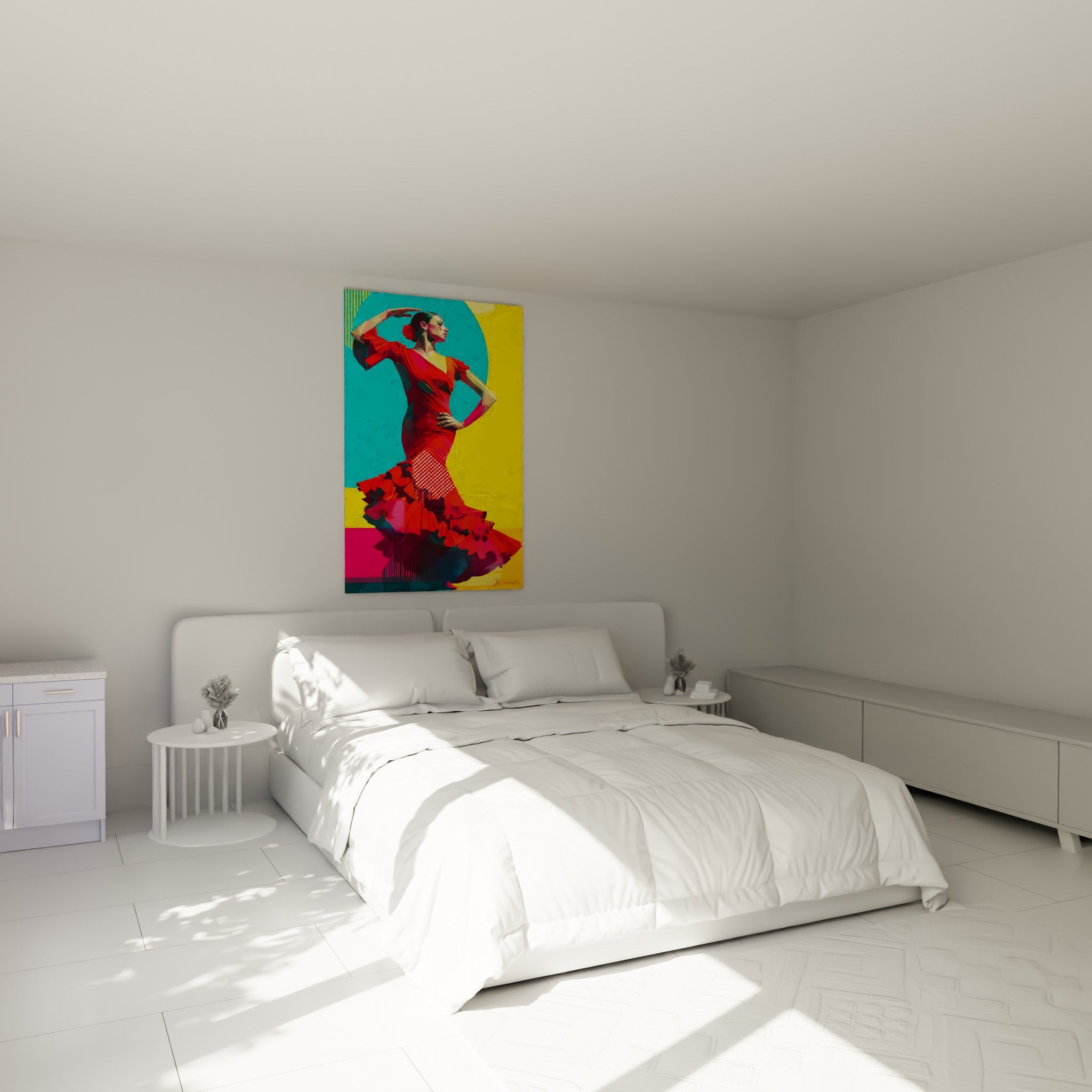 Silhouette rouge et pose flamenco affirmée au-dessus d'un lit dans une chambre claire