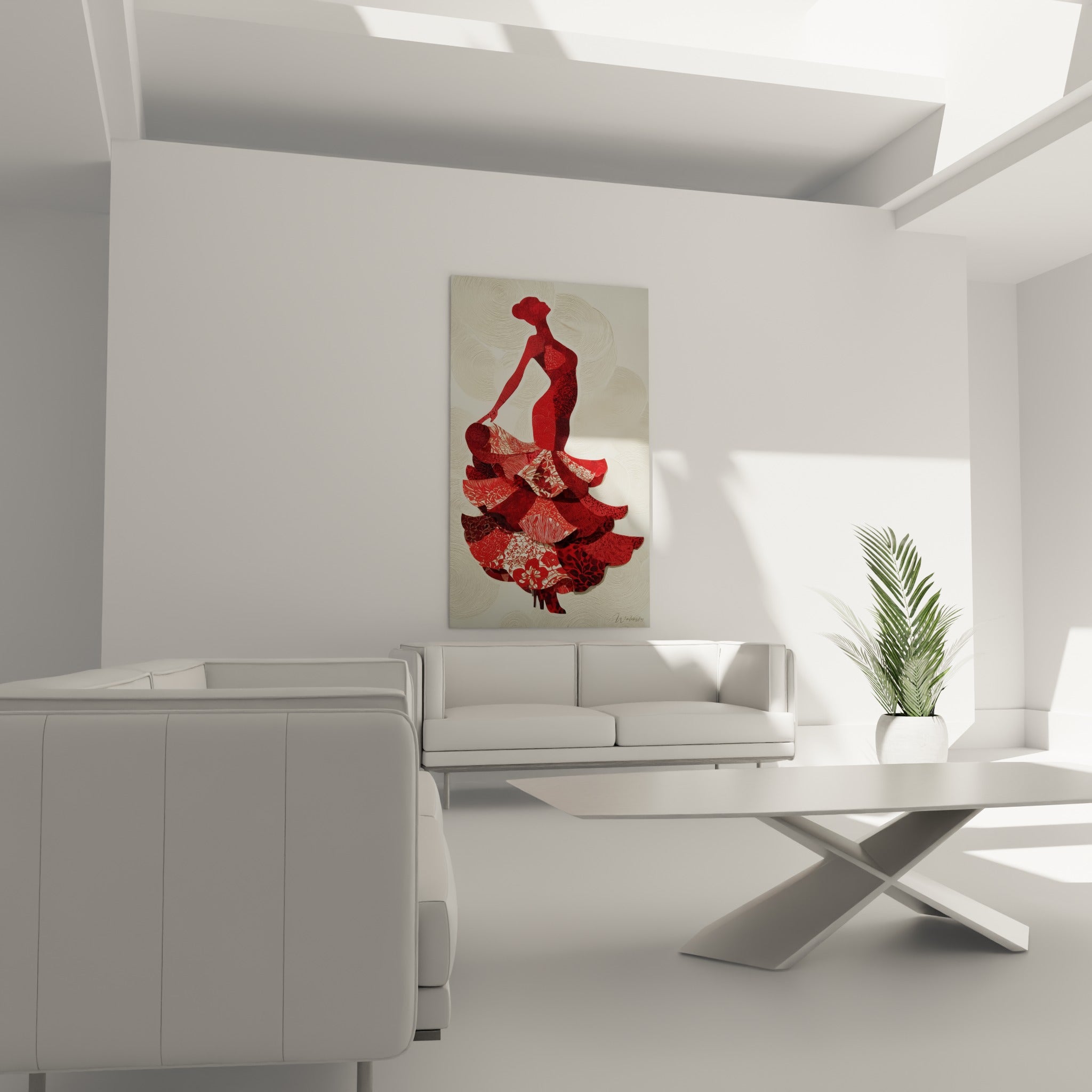Robe rouge à volants fleuris de danseuse espagnole suspendue au-dessus d'un canapé dans un salon lumineux