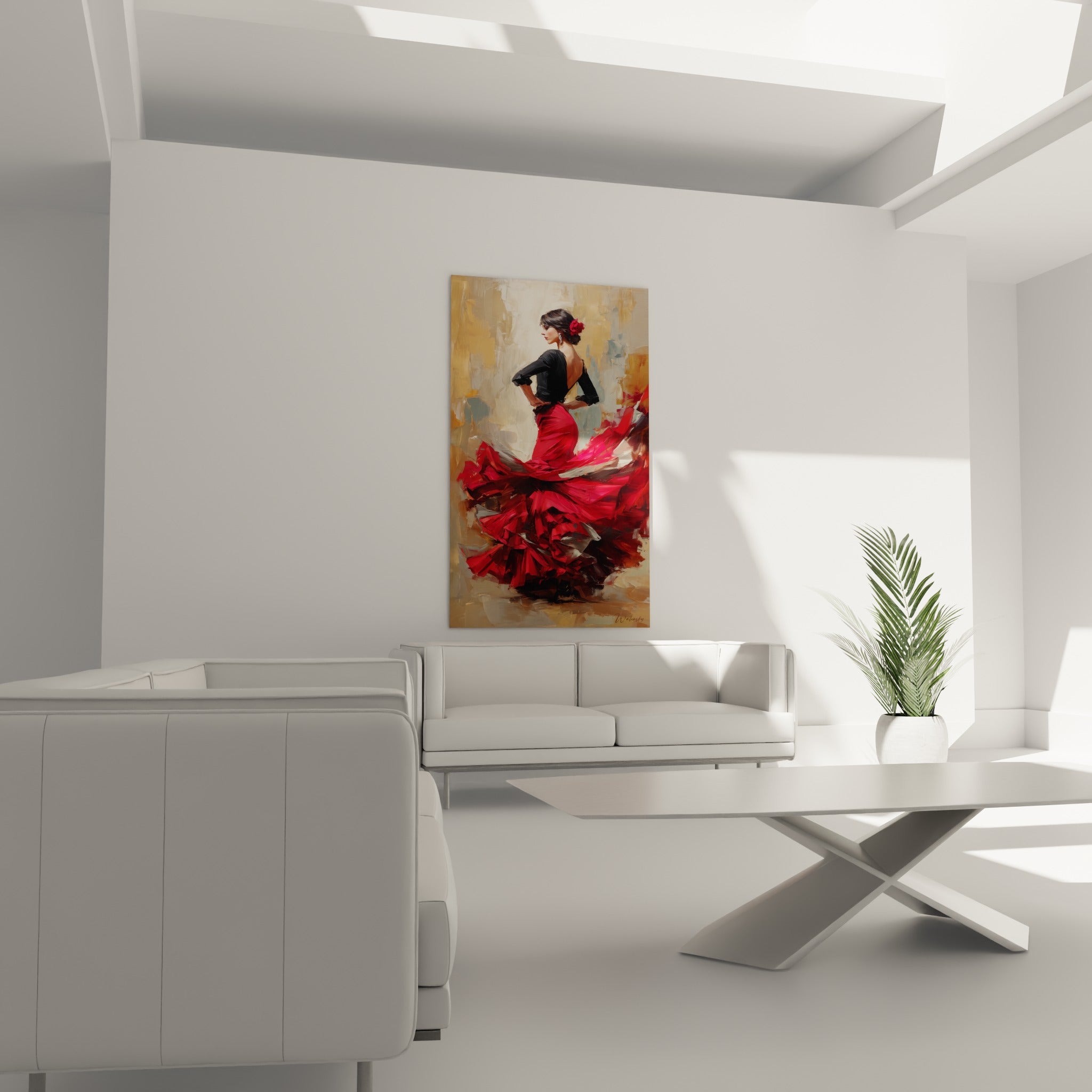 Danseuse au fond ocre et beige, jupe rouge en volants, au-dessus d'un canapé dans un salon lumineux