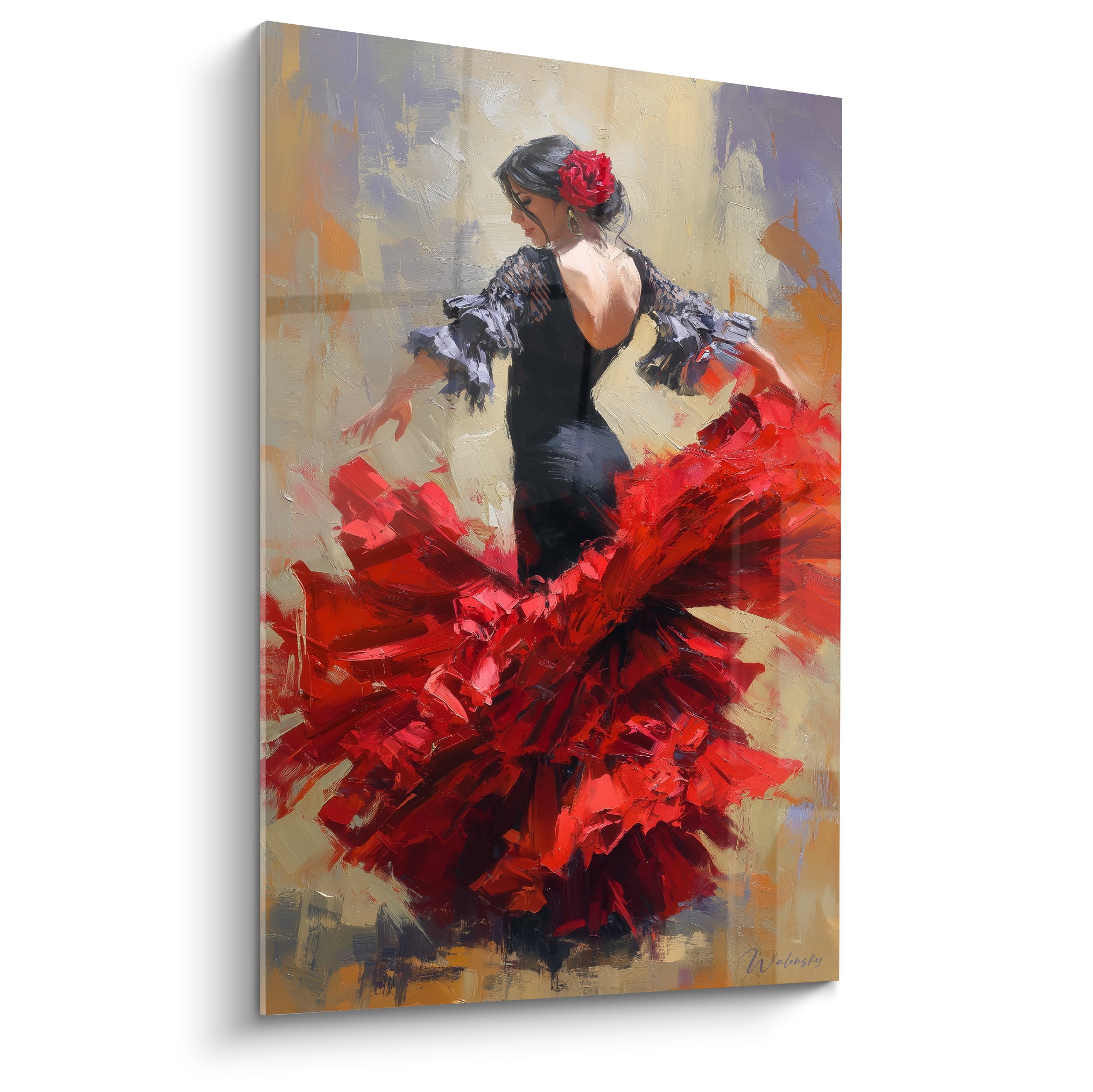 Danseuse de flamenco au jupon rouge carmin et robe noire, tourbillon peint au couteau