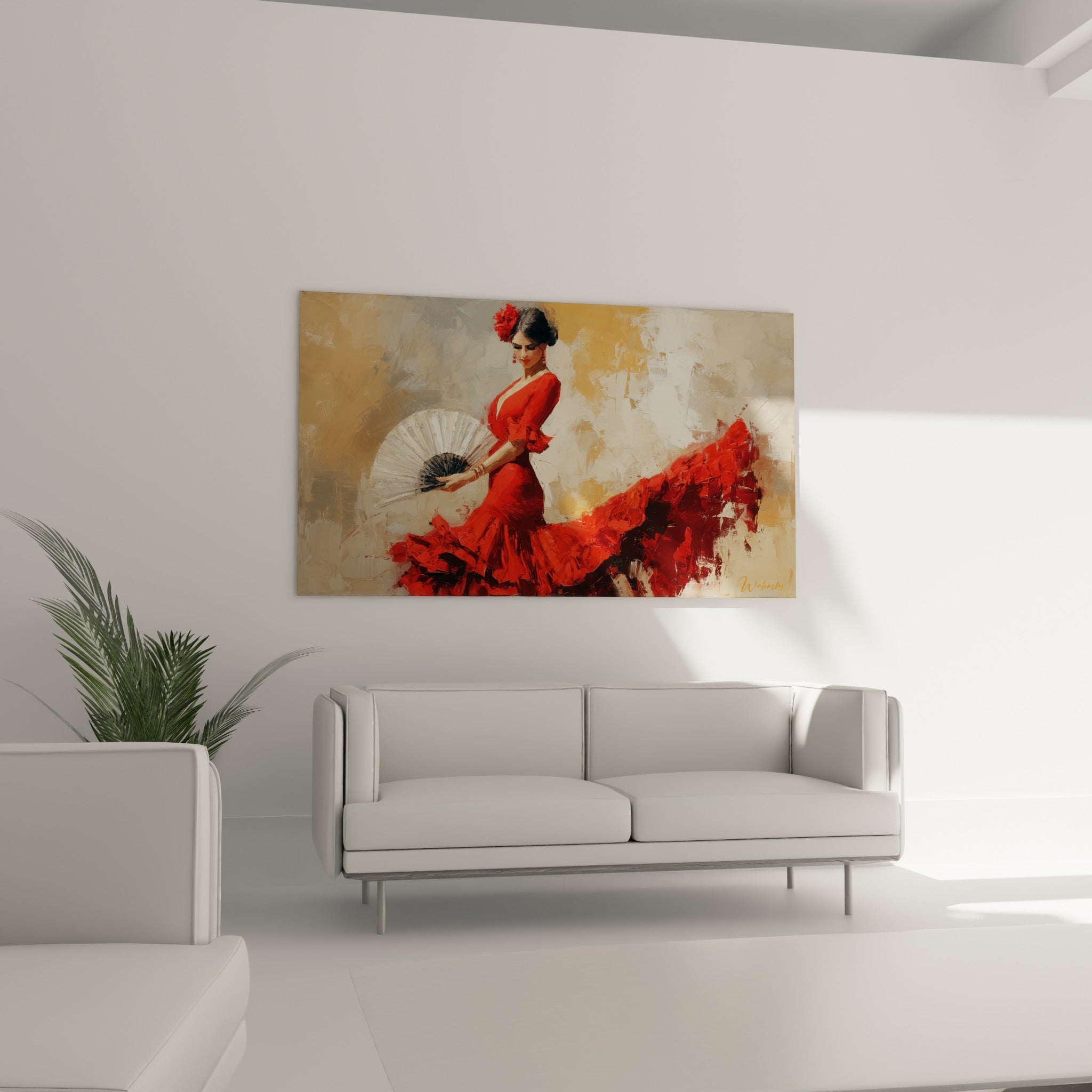 Mouvement de danse espagnole en rouge grenat et ocre placé au-dessus d'un canapé dans un salon lumineux
