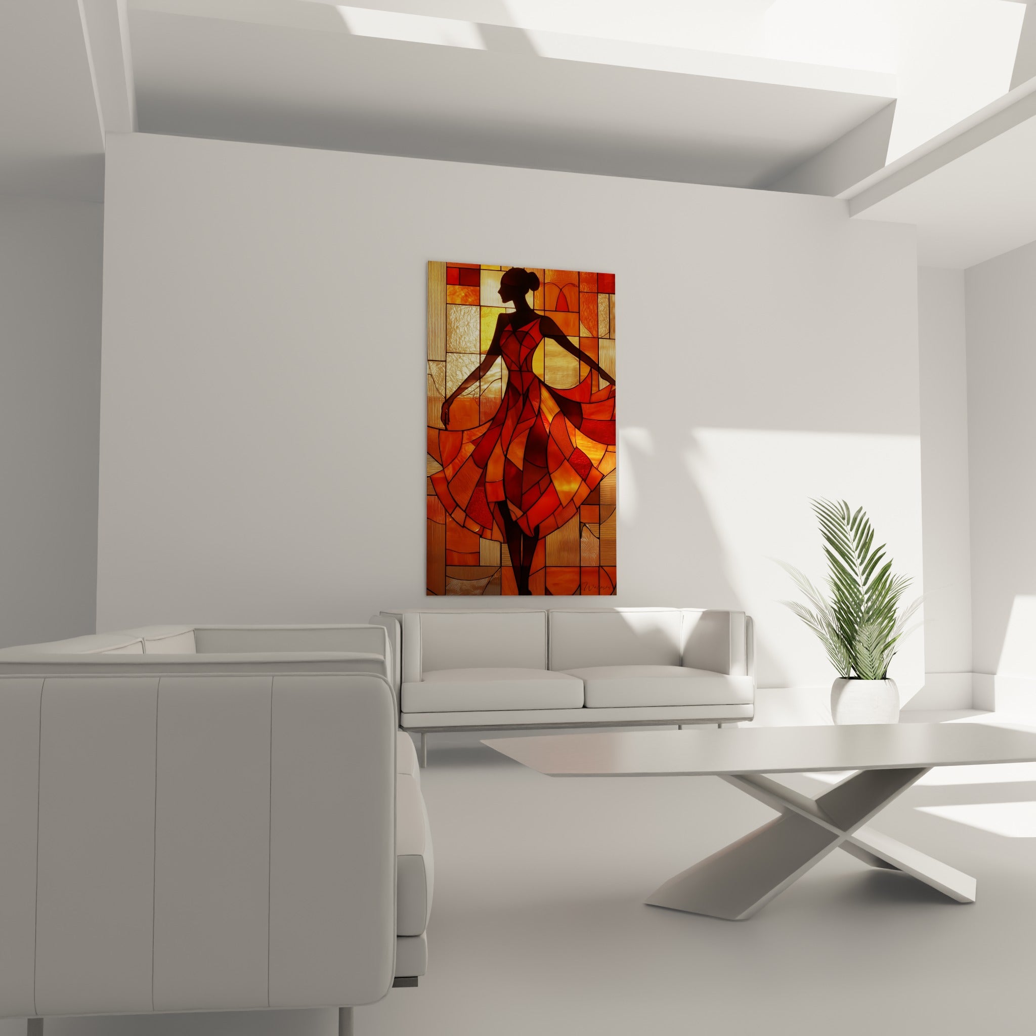 Robe rouge sombre et fond doré de cette Danse espagnole, au-dessus d'un canapé dans un salon lumineux