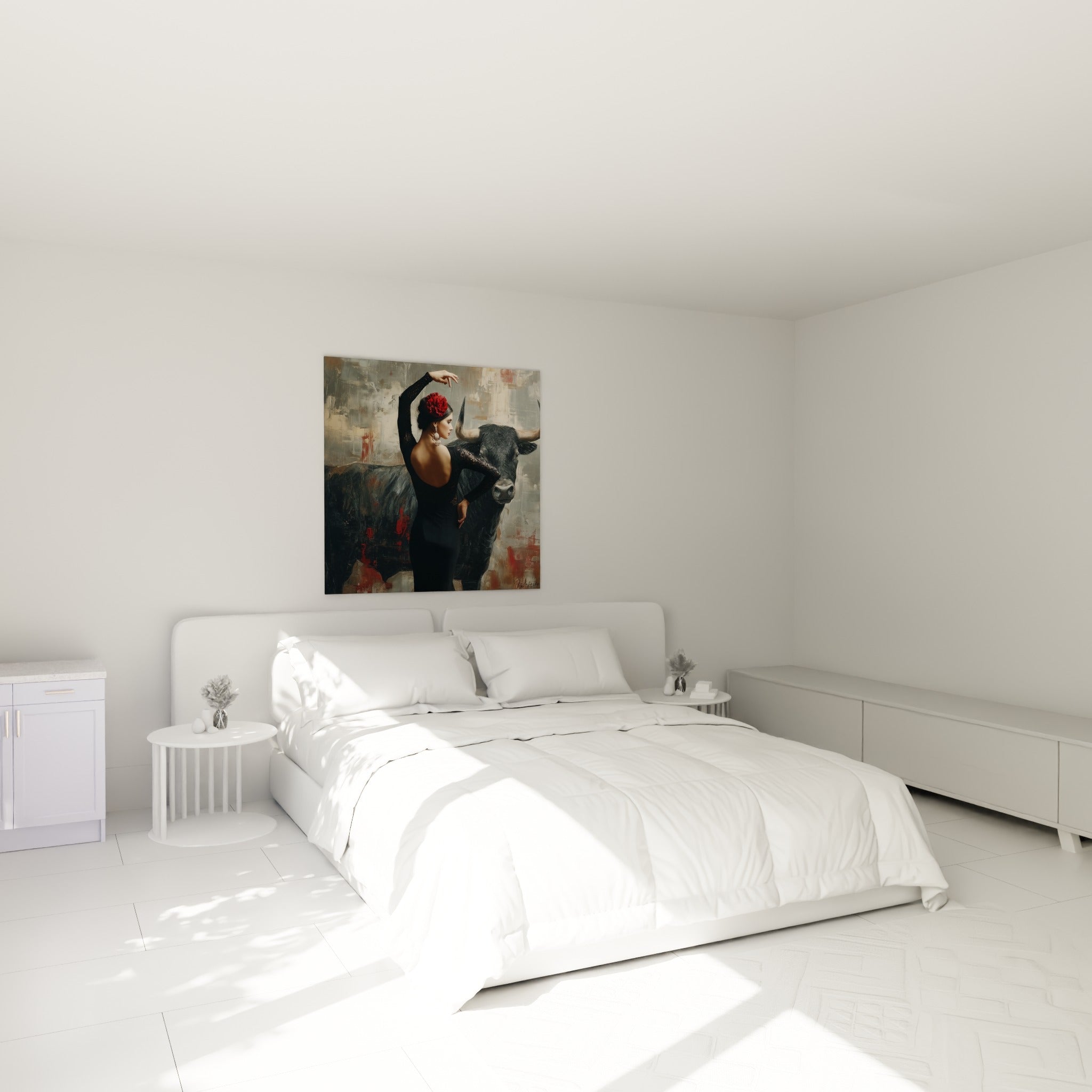 Flamenco et taureau aux tons rouge et anthracite accrochés au-dessus d'un lit dans une chambre claire