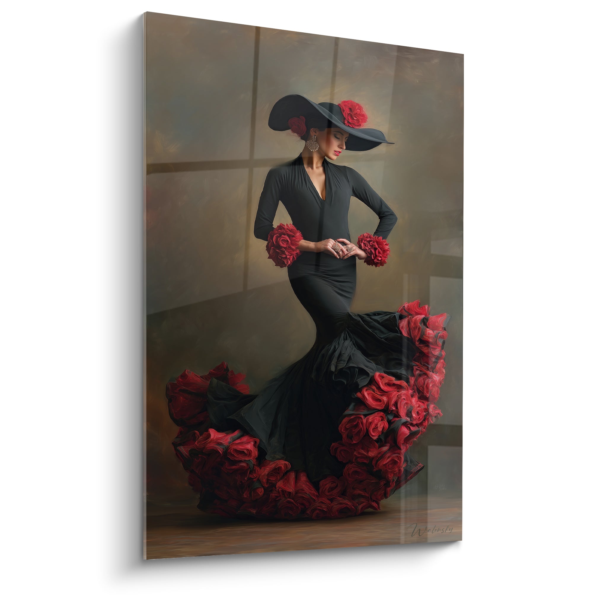 Danseuse en robe noire fleurie de roses rouges, chapeau large et fond brun ocré peint