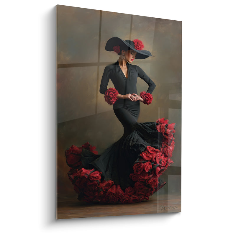 Tableau Danseuse robe noire et rouge chapeau à roses - Bouquets aux poignets - Edition Danse espagnole