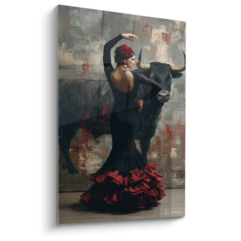 Tableau Danseuse robe noire volants rouges - Face au taureau - Edition Danse espagnole