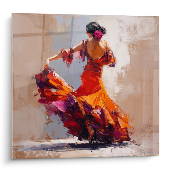 Danseuse de flamenco en robe orange et rouge tourbillonnante, cheveux noirs, rose fuchsia, style expressif