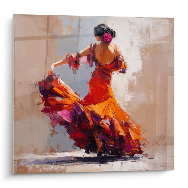 Painting of a Dancer in an Orange and Red Dress Spinning - Fiery Whirlwind - Spanish Dance Edition