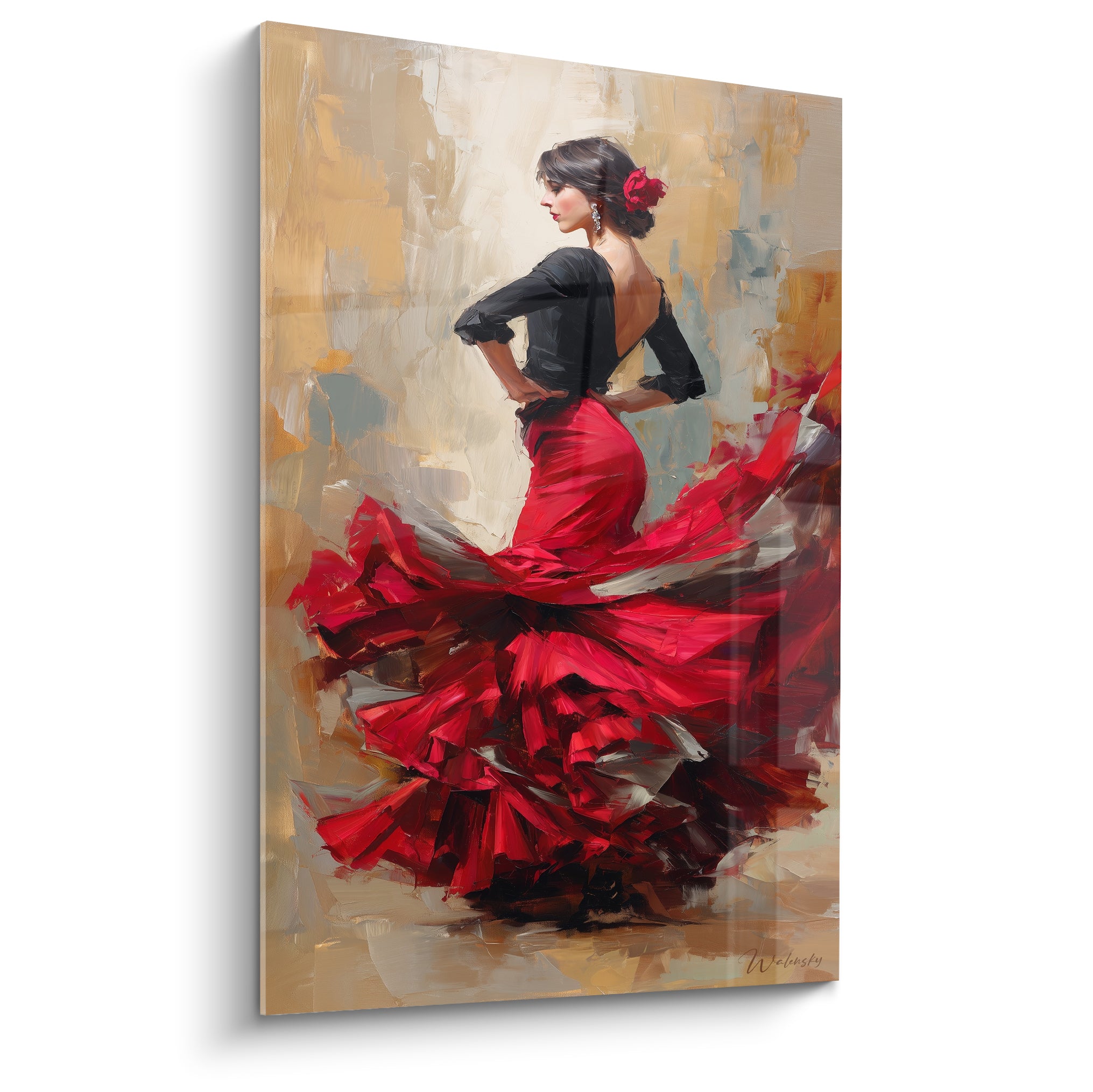 Danseuse de flamenco en robe rouge ample et corsage noir, fond doré texturé à l'huile
