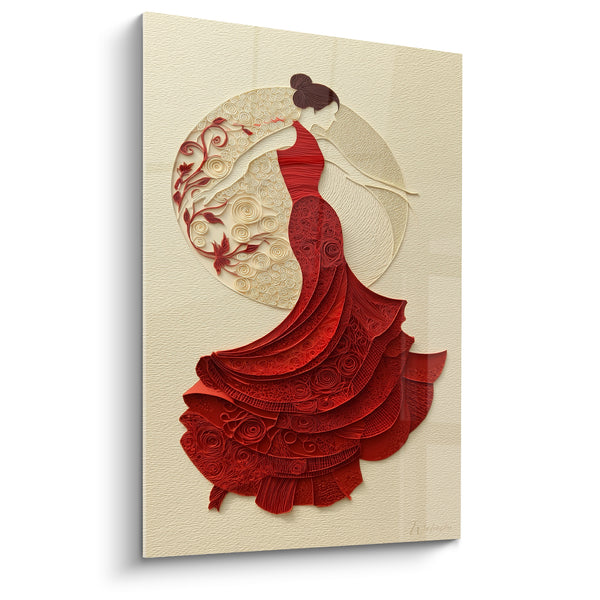 Tanzende Tänzerin rot und elfenbein mit gravierten Voluten - Geschnittenes Papier-Quilling - Edition Spanischer Tanz