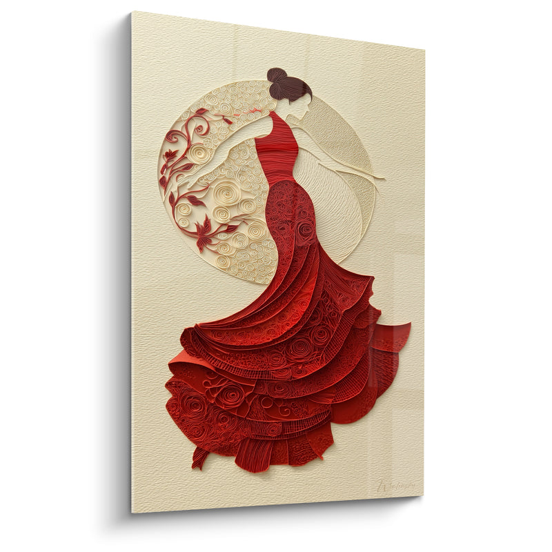 Tableau Danseuse rouge et ivoire aux volutes gravées - Papier quilling ciselé - Edition Danse espagnole