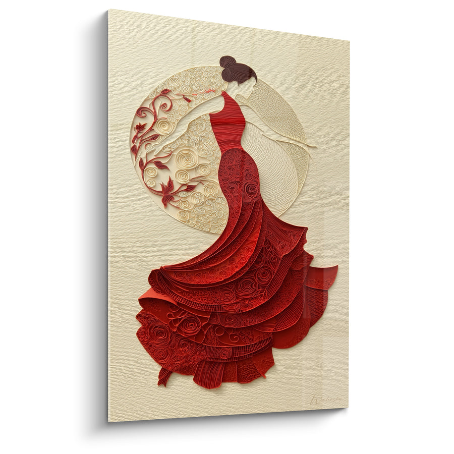 Cuadro Bailarina roja y marfil con volutas grabadas - Papel quilling cincelado - Edición Danza Española