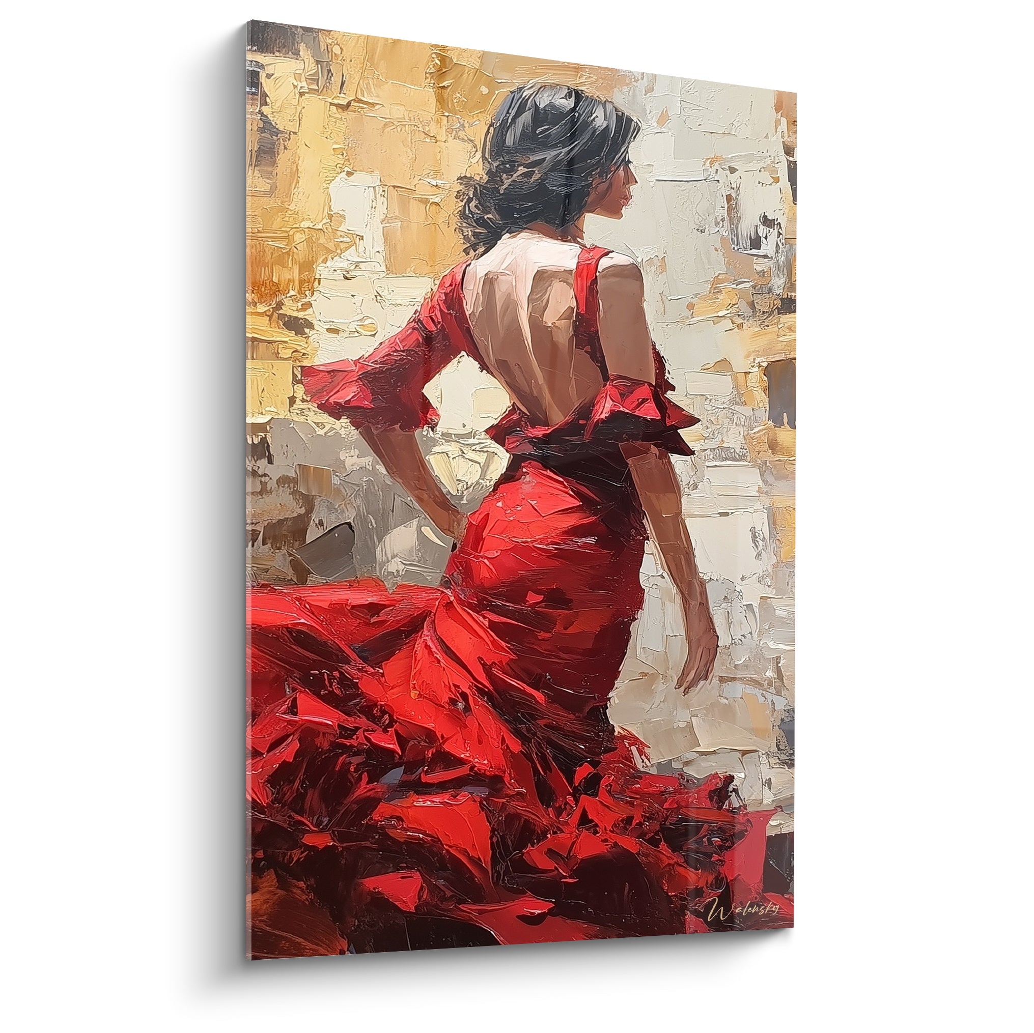 Danseuse de flamenco en robe rouge et fond ocre, dos dénudé, chevelure noire relevée
