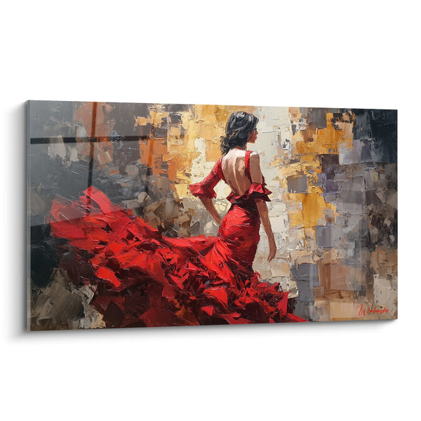 Tanzbild Tänzerin rotes Kleid offener Rücken und goldener Texturhintergrund - Fließender Satin-Zug - Spanischer Tanz Edition