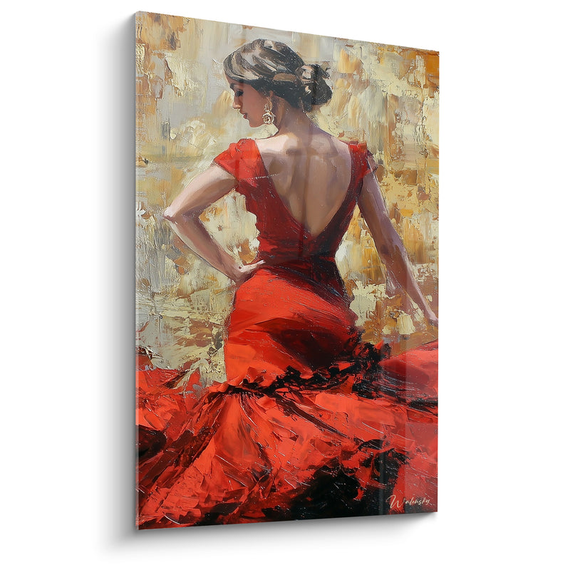 Tableau Danseuse robe rouge et dorée mains aux hanches - Boucle d'oreille dorée - Edition Danse espagnole