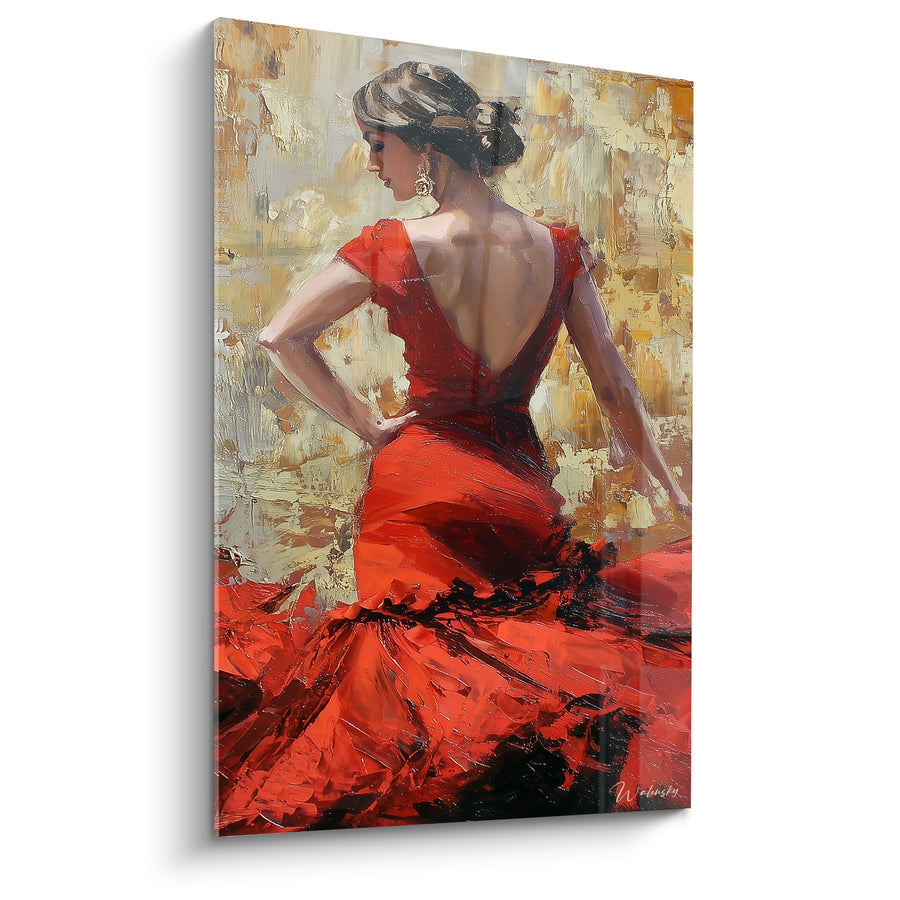 Tableau Danseuse robe rouge et dorée mains aux hanches - Boucle d'oreille dorée - Edition Danse espagnole