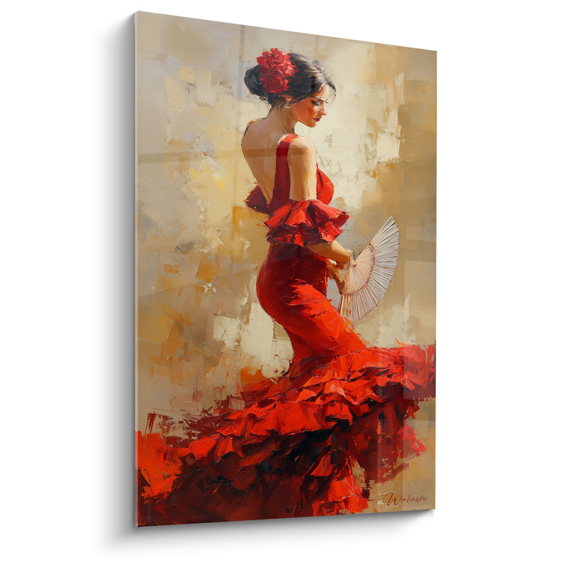 Tableau Danseuse rouge et beige à l'éventail - Grâce andalouse - Edition Danse espagnole