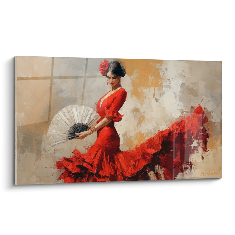 Tableau Danseuse robe rouge et éventail ivoire déployé - Fleur rouge dans les cheveux - Edition Danse espagnole